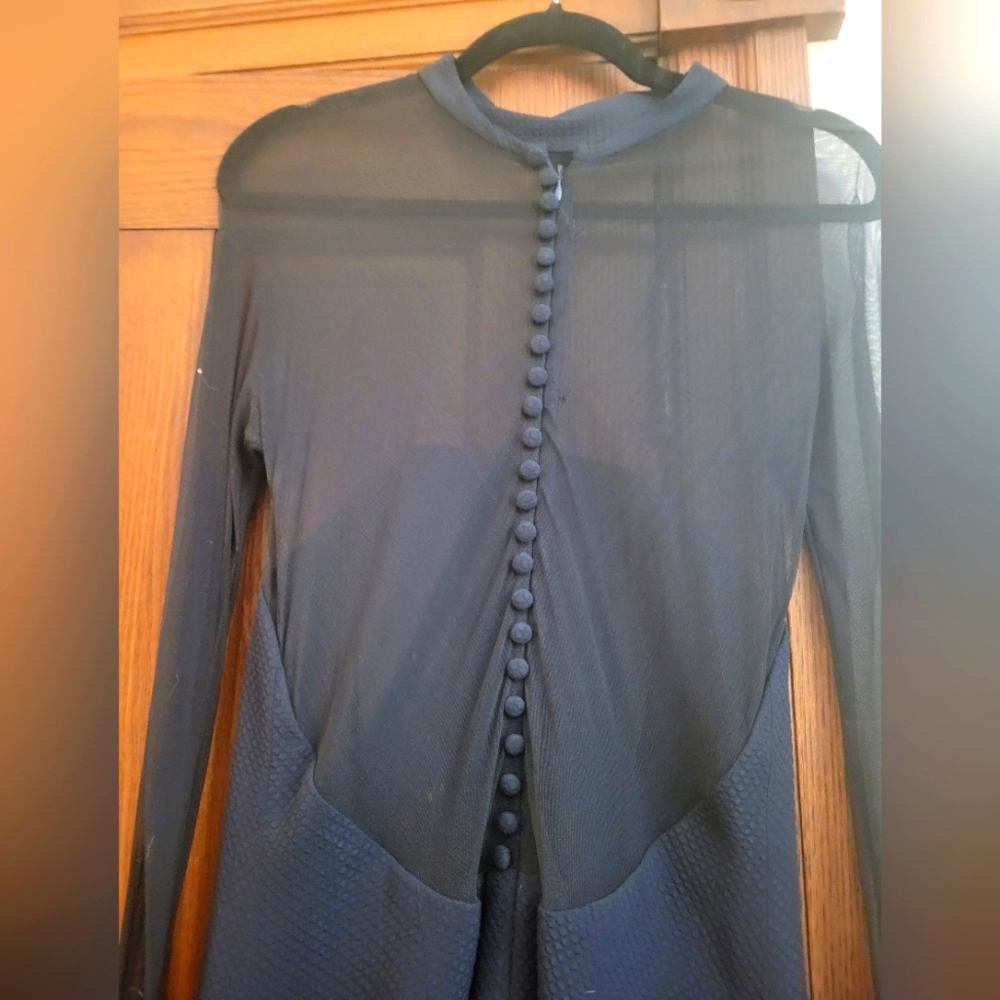 Vera Wang Dark Blue Button Closure Sheer Sleeve Flare Cuff Mid-Length Dress - Picture 2 of 5